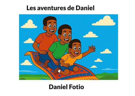 "Les aventures de Daniel", "Daniel Fotio". Drei fröhliche Jungen fliegen auf einem Teppich durch den Himmel.