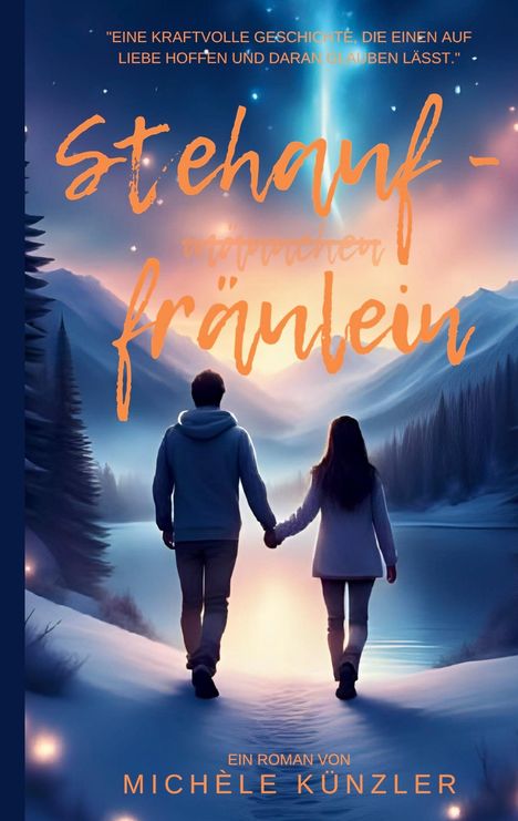 Romantische Illustration: Ein Paar hält sich an den Händen, geht in eine bewaldete Winterlandschaft bei Sonnenuntergang.