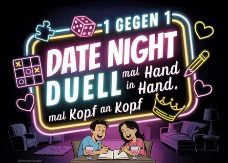 1 GEGEN 1 DATE NIGHT DUELL mal Hand in Hand, mal Kopf an Kopf. Illustration: Paar an Tisch mit Weingläsern.