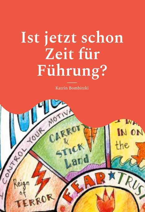 Text: "Ist jetzt schon Zeit für Führung? Katrin Bombitzki." Illustration: Ein bunter Kreis mit verschiedenen Segmenten.