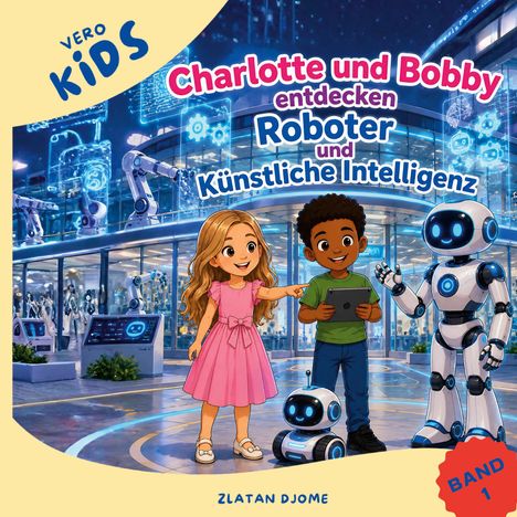 Text: "Charlotte und Bobby entdecken Roboter und Künstliche Intelligenz." Zwei Kinder und Roboter in futuristischer Umgebung.