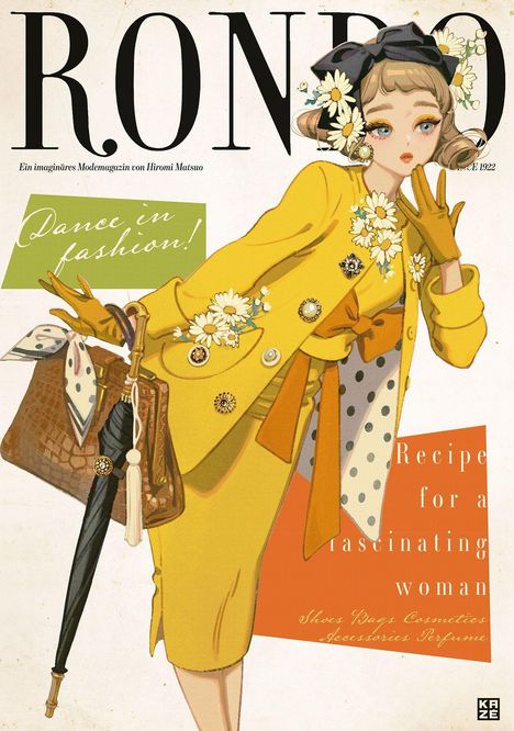 „Dance in fashion!“ und „Recipe for a fascinating woman“ auf einer Illustration einer stilvoll gekleideten Frau.