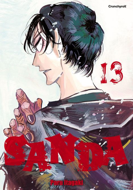 Roter Text "13", "SANDA", und "Paru Itagaki". Illustration einer Person mit Brille und schwarzen Haaren im Profil.