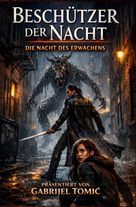"BESCHÜTZER DER NACHT: DIE NACHT DES ERWACHENS" und "PRÄSENTIERT VON GABRIJEL TOMIĆ" in einer düsteren Gasse mit Kreatur.
