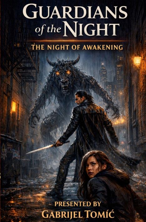 "Guardians of the Night: The Night of Awakening". Illustration einer Frau und Mann mit Schwert vor einem Monster in einer Gasse.