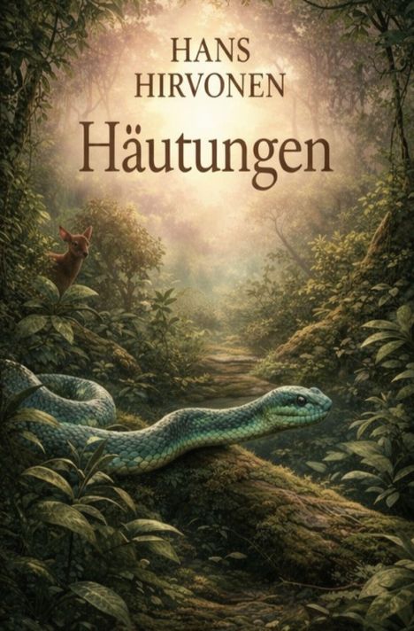 "HANS HIRVONEN, Häutungen". Eine detaillierte Illustration eines Waldes mit einer Schlange und einem kleinen Tier.