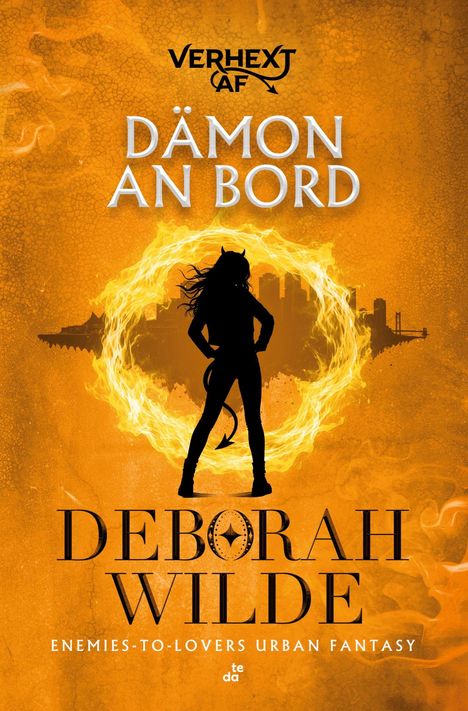 „Verhext AF“, „Dämon an Bord“, „Deborah Wilde“, „Enemies-To-Lovers Urban Fantasy“. Silhouette einer Teufelsfigur.
