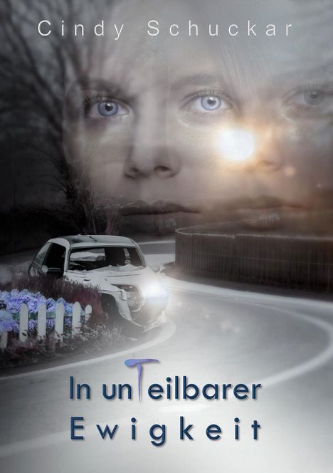 Cindy Schuckar, In unTeilbarer Ewigkeit. Gesicht überlagert Straße, beschädigtes Auto, Blumen am Zaun, düstere Stimmung.