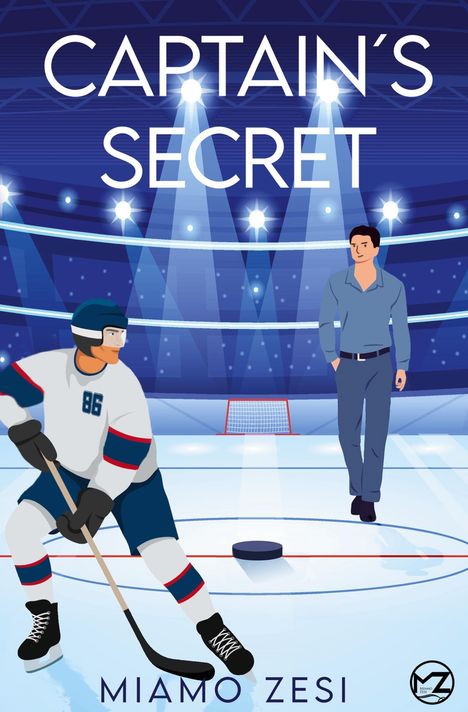 "CAPTAIN'S SECRET" und "MIAMO ZESI". Eine Illustration: Ein Eishockeyspieler und ein Mann in Freizeitkleidung auf der Eisfläche.