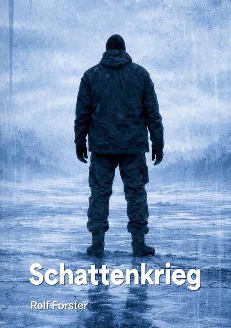 "Schattenkrieg" und "Rolf Forster". Eine Person steht in Winterkleidung auf einer vereisten, weiten Landschaft.