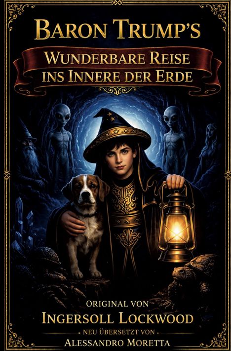 Baron Trump's Reise ins Innere der Erde. Junge mit Hund, Laterne, umgeben von Aliens und einem Zauberer in einer mystischen Höhle.