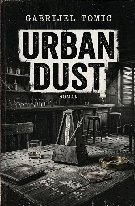 „GABRIJEL TOMIC URBAN DUST ROMAN“ vor einer Bar. Metronom, Glas, Aschenbecher auf einem rustikalen Tisch.