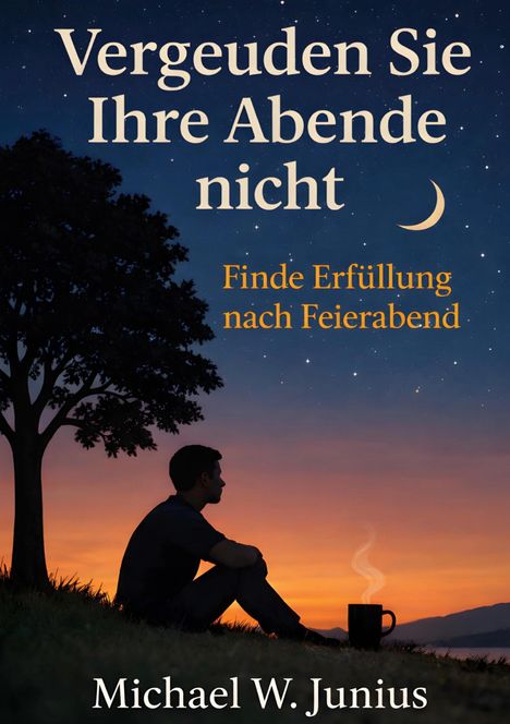"Vergeuden Sie Ihre Abende nicht. Finde Erfüllung nach Feierabend. Michael W. Junius." Silhouette eines Mannes bei Sonnenuntergang.