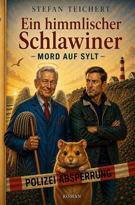 „Ein himmlischer Schlawiner – Mord auf Sylt“. Zwei Männer, einer mit Heiligenschein und Flügeln, ein Hamster hält Absperrband.