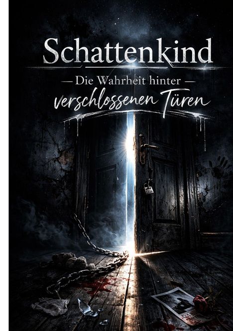 "Schattenkind – Die Wahrheit hinter verschlossenen Türen" steht in weißer Schrift auf dunklem Hintergrund. Eine angelehnte Tür mit Lichtspalt, Ketten und verstreuter Gegenstände auf dem Boden.
