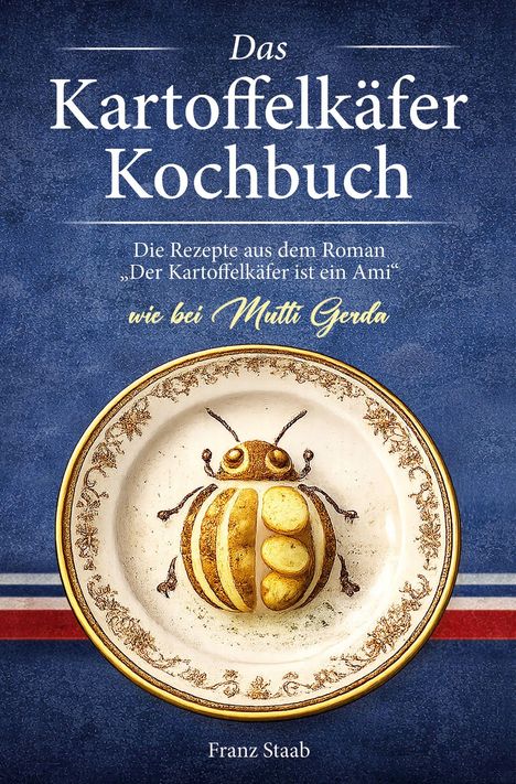 Text: "Das Kartoffelkäfer Kochbuch", "Die Rezepte aus dem Roman 'Der Kartoffelkäfer ist ein Ami'", "wie bei Mutti Gerda". Auf Teller ein Kartoffelkäfer.