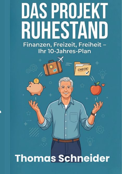 "Das Projekt Ruhestand: Finanzen, Freizeit, Freiheit – Ihr 10-Jahres-Plan" von Thomas Schneider. Illustration mit Mann.