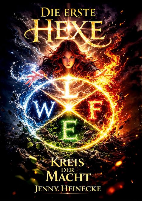 "Die erste Hexe," "Kreis der Macht," "Jenny Heinecke" in leuchtenden Buchstaben. Eine Frau kontrolliert magische Elemente: Wasser, Luft, Feuer, Erde.