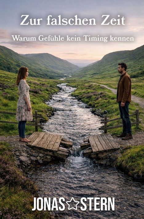 "Zur falschen Zeit. Warum Gefühle kein Timing kennen. JONAS STERN." Eine Frau und ein Mann stehen an einem Bach.