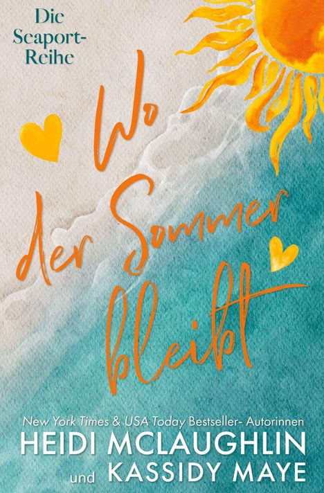 „Die Seaport-Reihe. Wo der Sommer bleibt“ in orange, mit Sonnen- und Herzillustrationen auf blauem und sandigem Hintergrund.