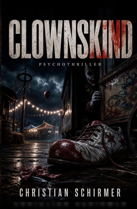 Text: "CLOWNSKIND", "PSYCHOTHRILLER", "CHRISTIAN SCHIRMER". 

Illustration: Dunkle Jahrmarktsszene mit Clown-Schuh und drohendem Clown.