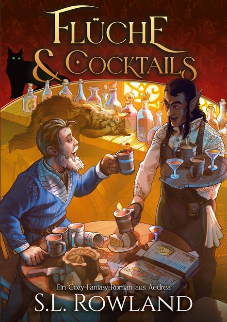 „Flüche & Cocktails“ und „Ein Cozy-Fantasy-Roman aus Aedrea“. Zwei Figuren in mittelalterlicher Kleidung mit Getränken.