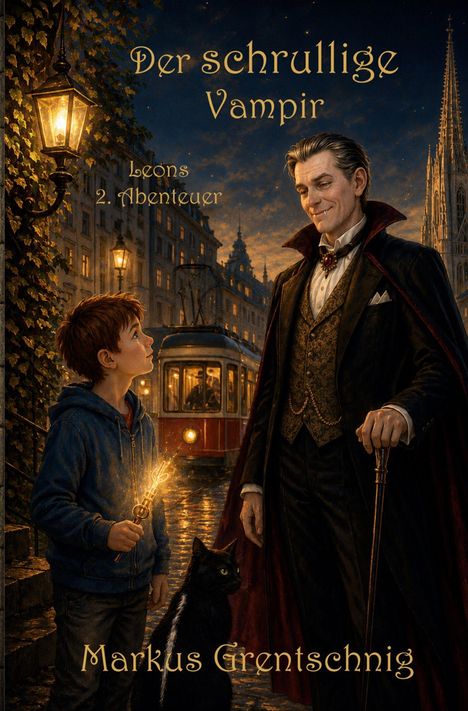 „Der schrullige Vampir, Leons 2. Abenteuer“ von Markus Grentschnig. Illustration mit Vampir, Junge, Katze und Straßenbahn.