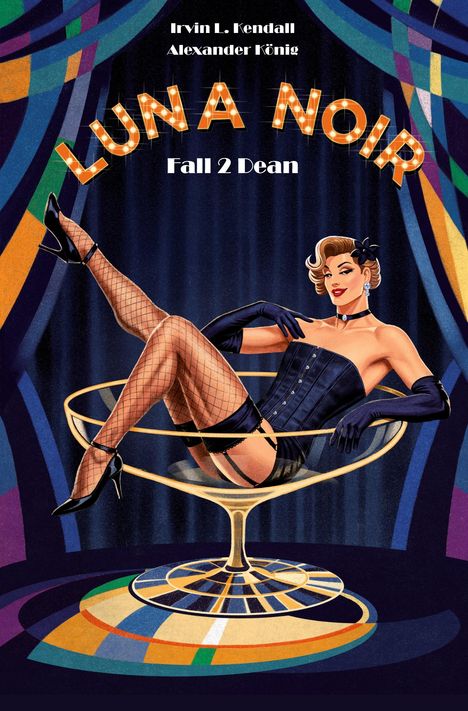 „LUNA NOIR“, Illustration einer eleganten Frau in schwarzem Korsett und Netzstrümpfen in einem großen Glas.