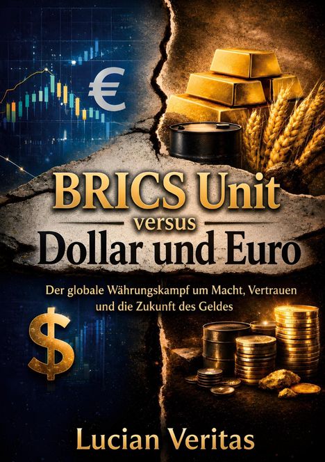 "BRICS Unit versus Dollar und Euro" zeigt Diagramme, Euro- und Dollarzeichen, Goldbarren, Öl und Weizen.