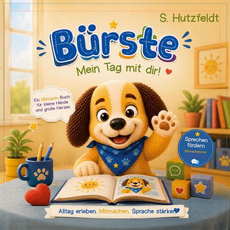 „Bürste: Mein Tag mit dir!“ Ein lächelnder Hund mit blauem Halstuch winkt, vor einem offenen Buch an einem Tisch.