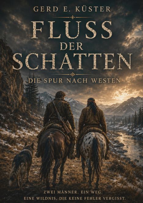 "GERD E. KÜSTER: FLUSS DER SCHATTEN. DIE SPUR NACH WESTEN. ZWEI MÄNNER. EIN WEG. EINE WILDNIS, DIE KEINE FEHLER VERGISST." Zwei Männer auf Pferden und ein Wolf in einer bergigen Landschaft bei Dämmerung.