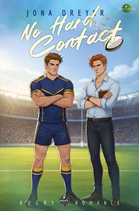 "No Hard Contact" von Jona Dreyer. Zwei Männer, einer im Rugby-Outfit, der andere lässiger gekleidet, stehen auf einem Spielfeld.