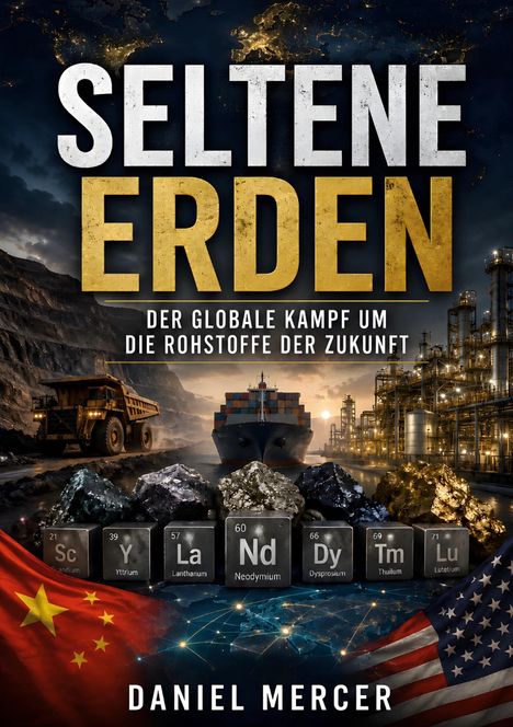 "Seltenerden. Der globale Kampf um die Rohstoffe der Zukunft." 
Im Hintergrund: Minen, Containerschiff, Raffinerie, Flaggen.