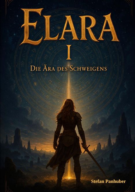 „ELARA I: Die Ära des Schweigens“ und „Stefan Panhuber“. Eine Figur mit Schwert im Lichtstrahl vor mystischem Hintergrund.
