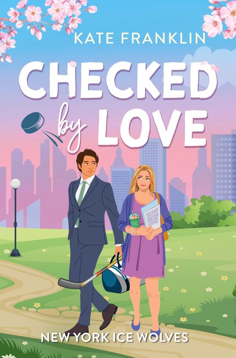 "CHECKED by LOVE" und "NEW YORK ICE WOLVES". Illustration: Ein Paar läuft in einem Park vor der Skyline.