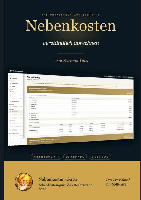 Buchtitel: Nebenkosten verständlich abrechnen. Autor: Norman Thiel. Nebenkosten-Guru Illustration unten links.