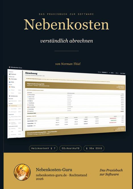 „Nebenkosten verständlich abrechnen“ von Norman Thiel. Menü und Tabelle zur Abrechnung. Logo: gezeichneter Guru.
