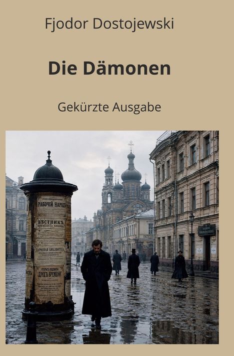 Text: Fjodor Dostojewski, Die Dämonen, Gekürzte Ausgabe.  
Illustration: Ein Mann spaziert auf nasser Straße vor alten Gebäuden.