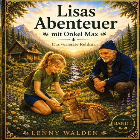 „Lisas Abenteuer mit Onkel Max: Das verletzte Rehkitz“. Illustration eines Mädchens und Mannes mit Rehkitz in Berglandschaft.