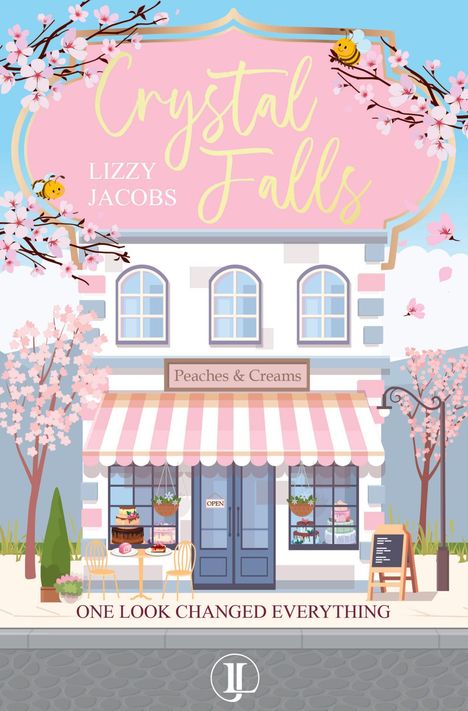 "Crystal Falls", "Lizzy Jacobs", "Peaches & Creams", "One Look Changed Everything." Café mit rosa Blüten.