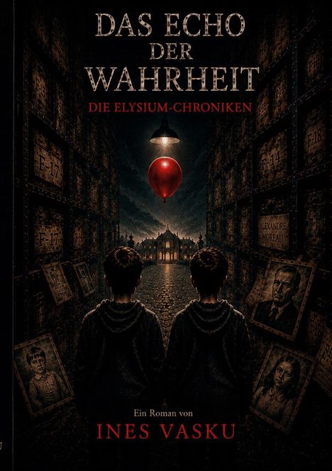 "Das Echo der Wahrheit - Die Elysium-Chroniken, Ein Roman von Ines Vasku." Zwei Jungen, roter Ballon, finstere Gasse.