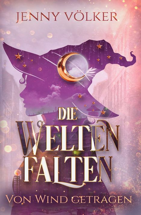 "Jenny Völker, Die Weltenfalten, Von Wind getragen." Silhouette eines Mädchens mit spitzem Hut und Mond-Symbolen.