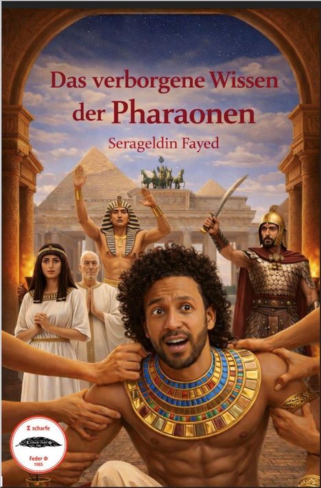 "Das verborgene Wissen der Pharaonen" von Serageldin Fayed. Illustration mit antiken Charakteren und Pyramiden.