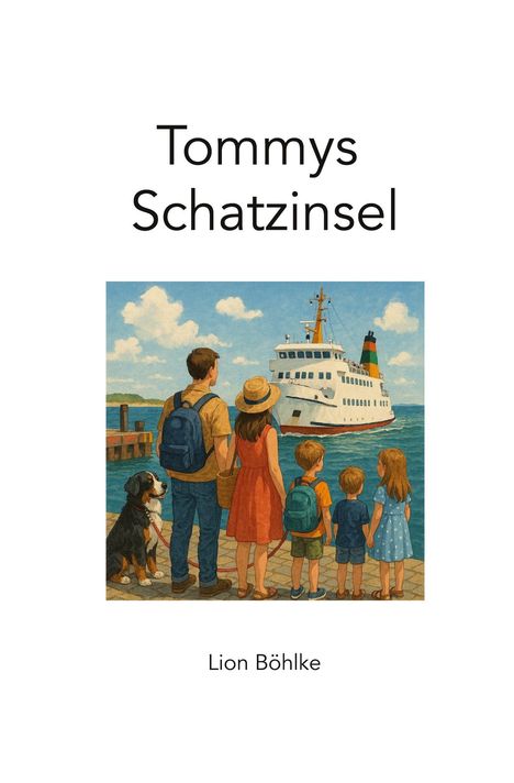„Tommys Schatzinsel“. Eine Familie und ein Hund am Hafen blicken auf ein einfahrendes Schiff.