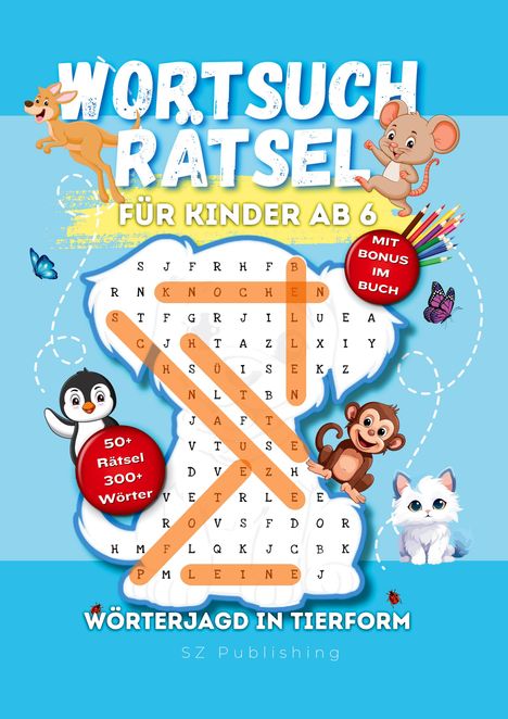 "WORTSUCH RÄTSEL FÜR KINDER AB 6" auf blauem Hintergrund, mit Tierillustrationen und Wortgitter.