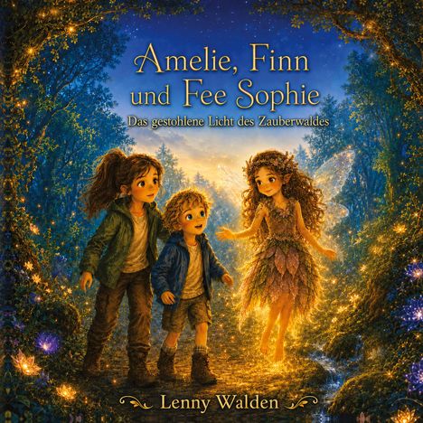 "Amelie, Finn und Fee Sophie: Das gestohlene Licht des Zauberwaldes. Lenny Walden." Drei Kinder im magischen Wald, eine Fee leuchtet.