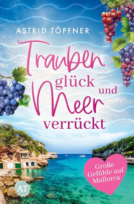 "Trauben, glück und Meer verrückt" von Astrid Töpfner. Illustration: Buchtitel über Meeresbucht mit Weintrauben.