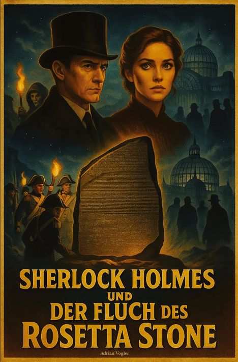 "Sherlock Holmes und der Fluch des Rosetta Stone." Illustration: Holmes im Anzug, Frau, Fackeln, römische Soldaten, Gebäude.
