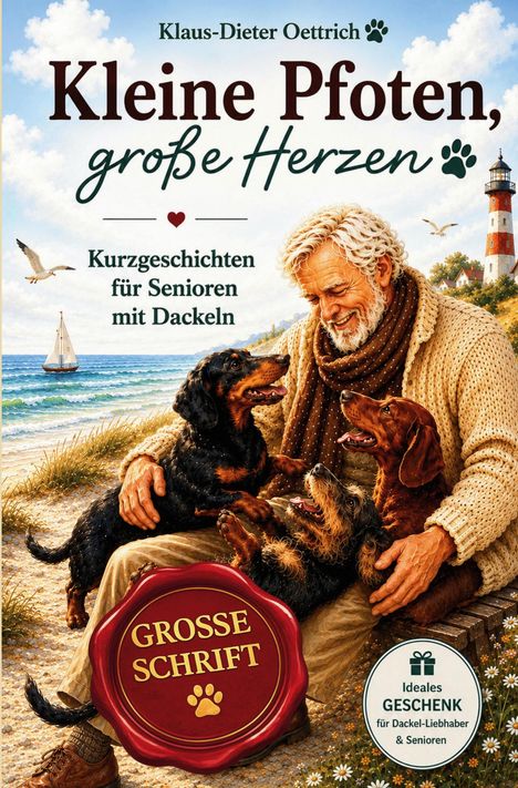 Kleine Pfoten, große Herzen. Kurzgeschichten für Senioren mit Dackeln. Illustration: Alter Mann am Strand mit drei Dackeln.