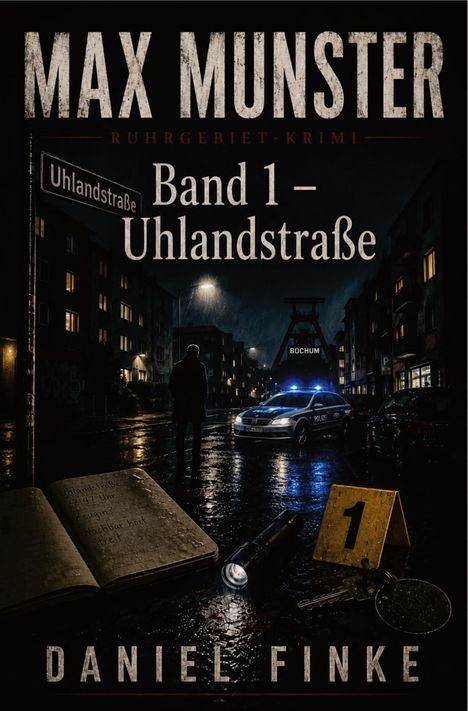 **Max Munster: Band 1 – Uhlandstraße.** Eine nächtliche Straßenszene mit Polizeiauto, Notizbuch, Taschenlampe.